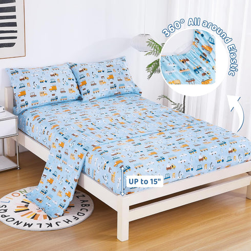 3 Set Sets Viviland Pieces Boys Blue Truck Twin Sheet - Soft Microfiber Fitted Flat Sheets & Pillowcase - Construction