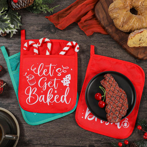 10 Pcs Christmas Pot Holders with Pocket, Heat Resistant Oven Mitts, Red & Green, for Kitchen Baking