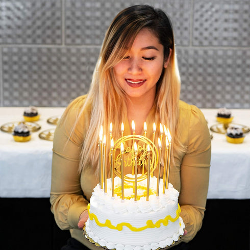 24 Count Tall Thin Metallic Gold Birthday Candles with Holders and Classy Cake Topper for Custom Cake