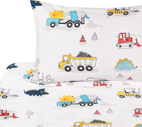 J-pinno Cozy Set 100% Set Dinosaur Construction Work Digger Cars Vehicle Cute Fun Twin Sheet for Kids Girls Children