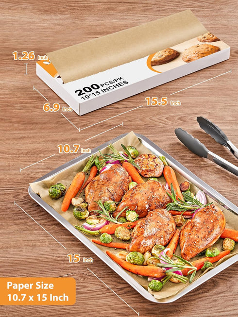 SMARTAKE 200 Pcs Pop-Up Parchment Paper Sheets, 10.7x15 Inch Pre-Cut Parchment Paper for Baking, Non-Stick Greaseproof Baking Paper for Grilling Wrapping Air Frying, Compact Volume, Unbleached by SMARTAKE
