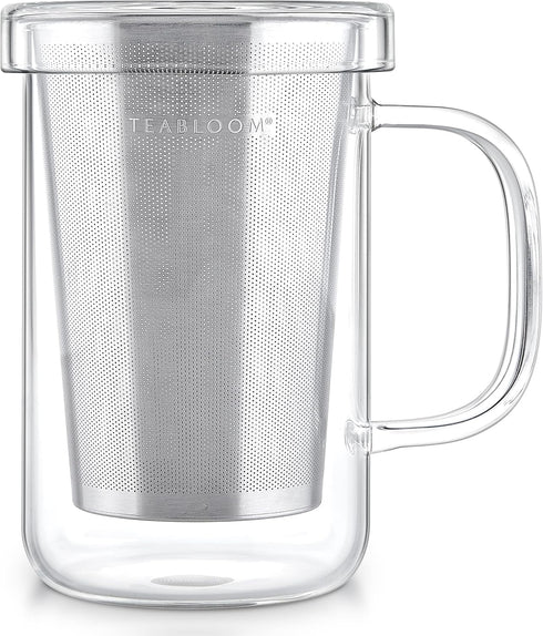 Teabloom Premium Borosilicate Glass Mug - 12 Ounces (350 mL) with Stainless Steel Loose Leaf Tea Infuser and Lid/Dish