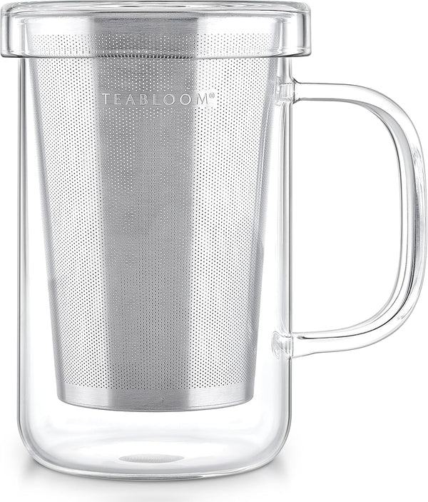 Teabloom Premium Borosilicate Glass Mug - 12 Ounces (350 mL) with Stainless Steel Loose Leaf Tea Infuser and Lid/Dish