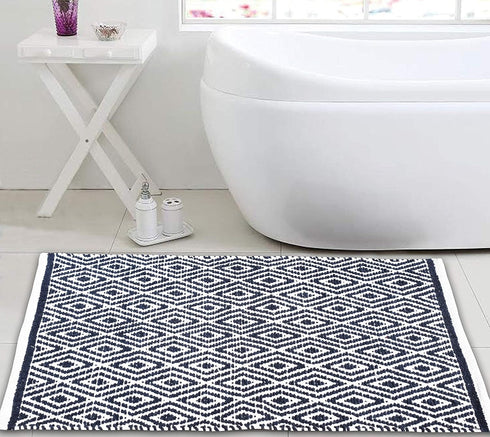 Ramanta Home 100% Cotton Diamond Rug, 21x34 Hand Woven Reversible Washable Rug - Navy, for Bathroom, Entry, Living Room