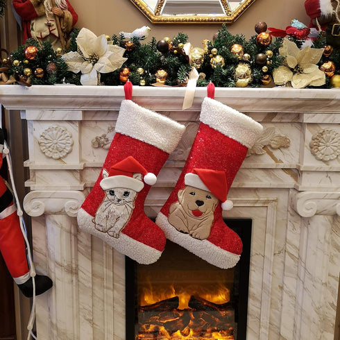 WEWILL 20'' Cute Cat Christmas Stockings, Embroidered Xmas Socks Holiday Party Gift