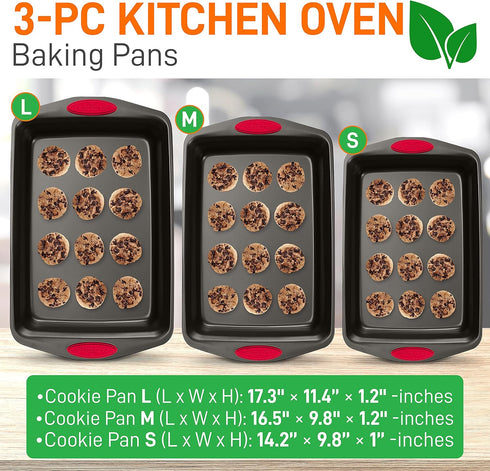NutriChef 3-Piece Baking Pan Set - Premium Nonstick Carbon Steel Bakeware w/ Silicone Handles - Includes Large, Medium, & Small Pans for Baking & Roasting - PFOA, PFOS, PTFE Free - Black