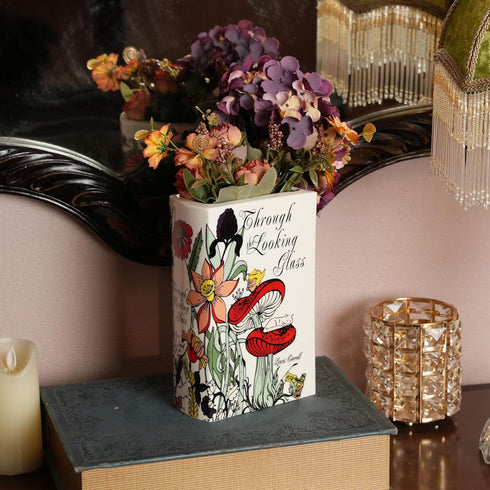 Ceramic Book Vase for Flowers, Home Decor - Cute Bookshelf Decor, Book Lovers Gift - Unique Large Accent