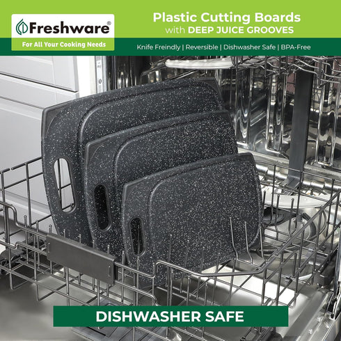 Plastic Cutting Boards Set of 3 for Kitchen, Juice Grooves, Easy Grip Handle, BPA-Free, Non-Porous, Dishwasher Safe