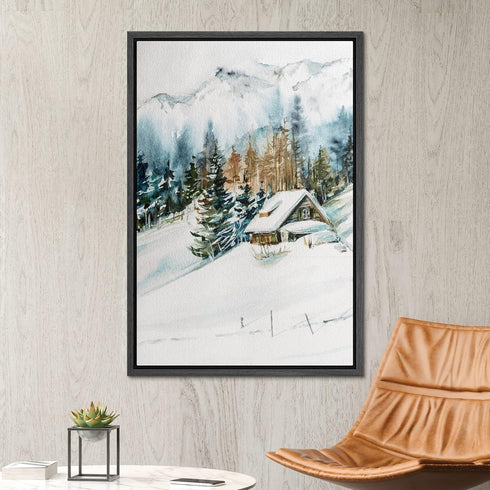 16"x24" SIGNWIN Framed Canvas Print Wall Art Woodland Nursery Decor Log Cabin Winter Snow Mountain Forest Nature Modern
