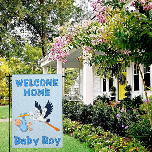 Welcome Home Baby Boy Garden Flag, 12x18 Inch Double Sided It's a Boy Stork Yard Sign Decorations