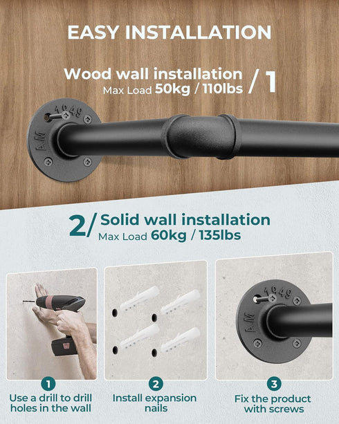 OROPY Industrial Pipe Clothes Rack, Set of 2 Heavy Duty Wall Mounted Black Iron Garment Bar