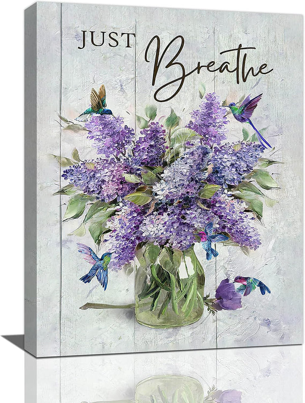 Farmhouse Lavender Bathroom Flower Decor, Just Breathe Rustic Hummingbird Canvas Painting Prints for Bedroom 12"x16"
