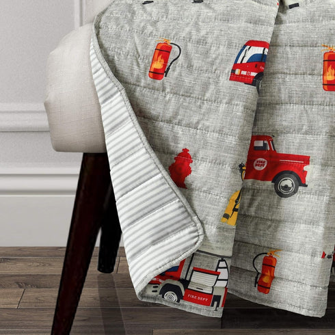 50" 60" Lush Decor Fire Truck Throw Blanket, Red & Gray, W x L - Toddler Blanket - Reversible Stripe Print Quilted