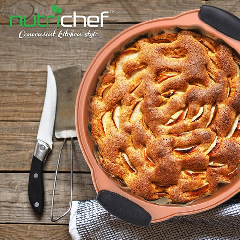 NutriChef Non Stick Round Cake Pan, 9.7 Inch Commercial Grade Metal Bakeware with Silicone Handles