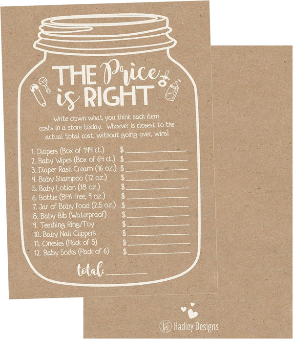 Hadley Designs Baby Shower Games Set, 25 The Price is Right Baby Shower Game Cards for 25 Guests