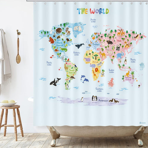 BASHOM BSC-615 Animal World Map Shower Curtain Set, Waterproof Decorative Bathroom 71''x71'' (180x180cm) with 12 Hooks