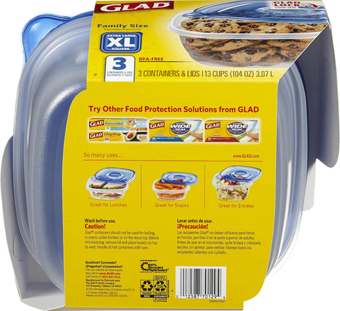 GladWare Family Size Food Storage Containers, XL Large Square Containers Hold Up to 104 Ounces, Set of 3