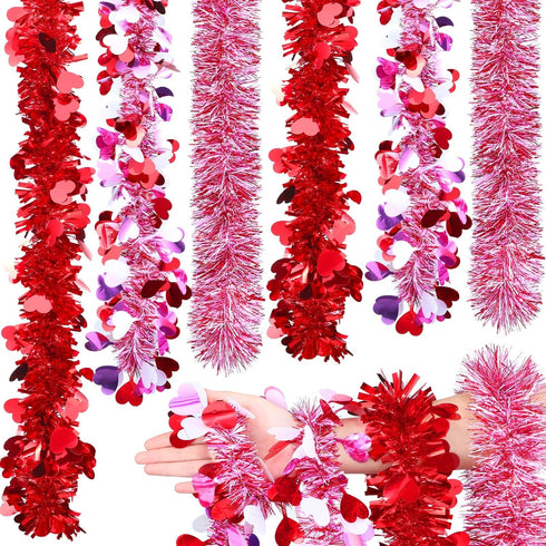 Janinka 6 Pcs Valentine's Day Tinsel Garland, 39ft Red and White Heart Metallic Decor for Wedding Party