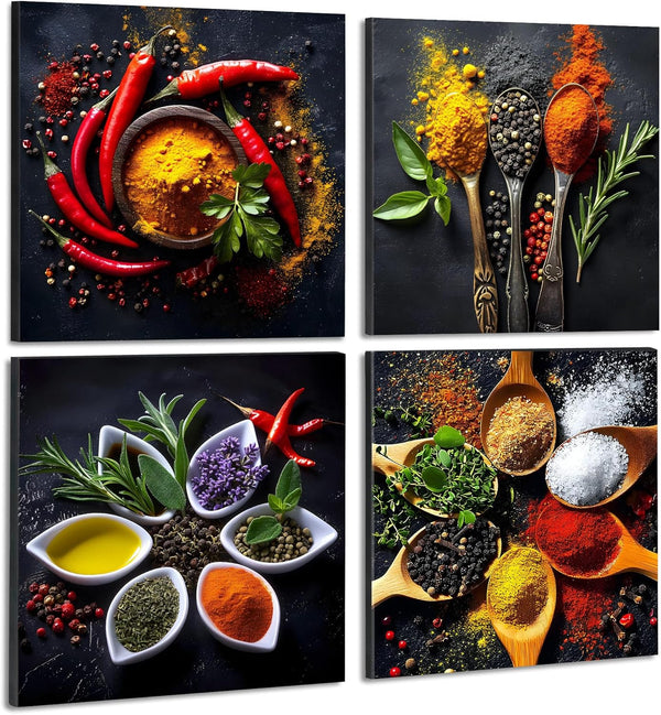 Deveosa Kitchen Wall Art Decor - 4 Pieces Colorful Spices And Spoon Kitchen