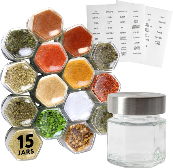 IMPRESA Hexagon Magnetic Spice Jars - Pack of 15-1.74 Oz Strong Magnetic