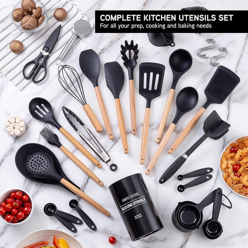 Country Kitchen Cooking Utensils Set - 40 pcs Non-stick Silicone Spatula Set with Holder and Wooden Handles