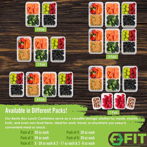 Bento Box Lunch Containers with Lids - Meal Prep Containers for Adults & Kids, Leakproof, 3 Compartments (2 Pack)