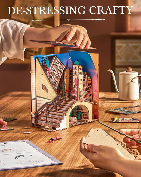 Sunset 3D Rolife DIY Book Nook Kits Street Scene, Endless Stairs Bookshelf Decor Wooden Puzzles for Adults, DIY