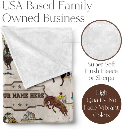 30x40) Personalized Cowboy Blanket for Boys, Cute Custom Name Throw for Kids, Classic Western Theme, Soft and Plush