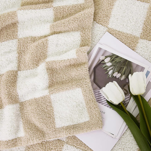 Cozy 50"*70" WRENSONGE Checkered Throw Blanket, Beige Soft Fluffy Warm Hand Made Throw Blankets for Couch, Sofa, Chair