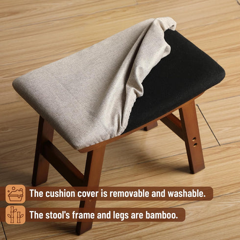 Compact Bamboo Ottoman with Beige Cushion and Brown Legs - Ideal Foot Rest