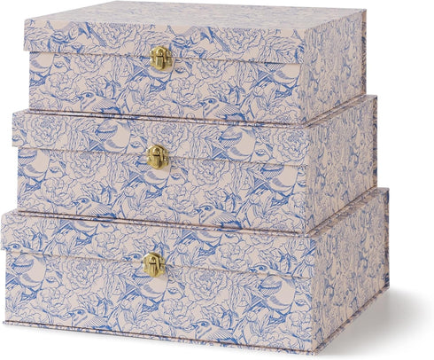 Soul & Lane Blue and White Floral Cardboard Decorative Storage Boxes with Gold Hardware - Set of 3, Aviary Garden for