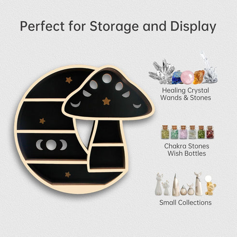 Cute Mushroom Decor, Wooden Mushroom Floating Shelves for Wall, Moon Shelf Wall Decor Crystal Rock Gem Stone Display