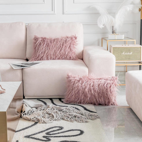 12 20 Set 2 30x50cm, Home Brilliant x Pillow Cover of Shaggy Rectangle Lumbar Throw Pillows Blush Faux Fur Accent