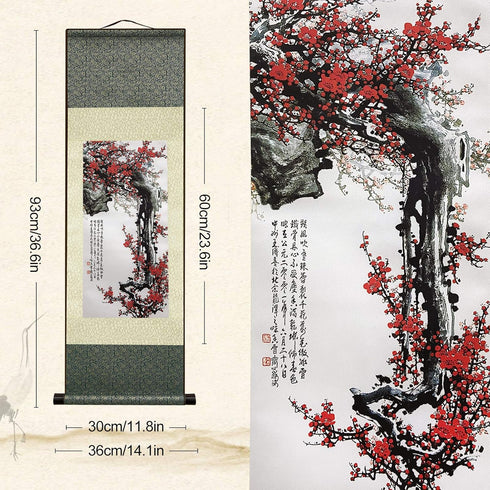 AtfArt Asian Wall Decor, Beautiful Silk Scroll Painting Flowers - Proud Plum, Iron Heart Oriental Wall Hanging
