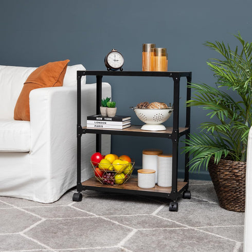 Mind Reader Bar Cart - Rolling 3-Tier Kitchen Cart, Microwave Stand, Wood/Metal, 23"L x 12"W x 29.5"H, Brown
