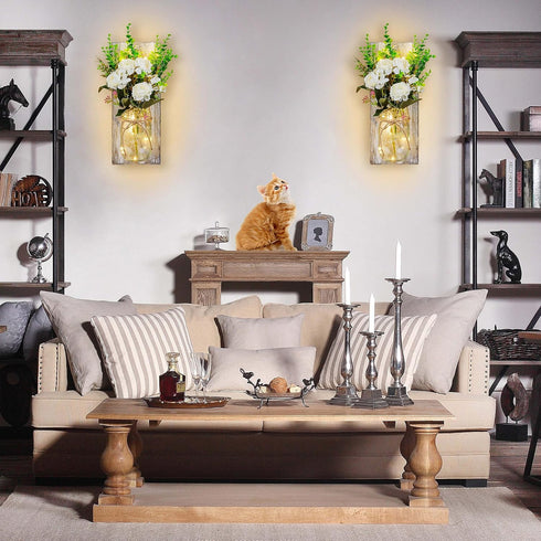 OCTMUSTARD Rustic Wall Decor Mason Jar Sconces Decor with Remote Control Led Lights for Home Farmhouse Bathroom