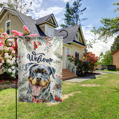 Welcome Rottweiler and Winter Flower Home Flag 12 x 18 Inch Double-Sided Outdoor Yard Flag Decorative Puppy Dog Pet Rescue Garden Flag