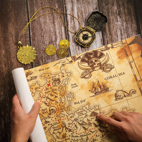 Gejoy Halloween Pirate Treasure Map, Vintage Gold Secret Sea Historical Theme Party Accessory with Compass Necklace and