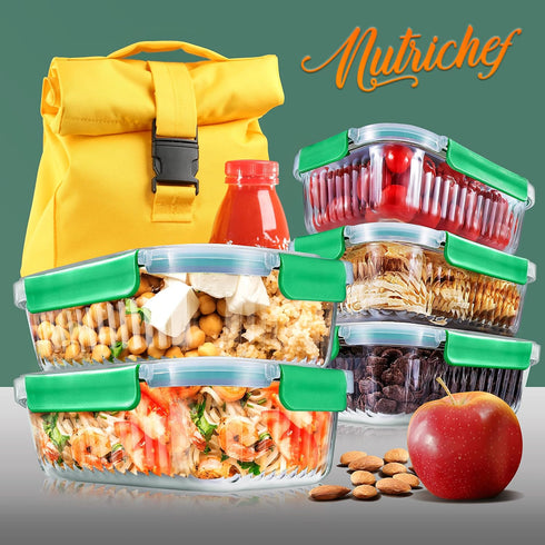 NutriChef 5-Piece Reusable Glass Meal Prep Containers, 30 oz Stackable Kitchen Storage with 4-Side Locking Plastic