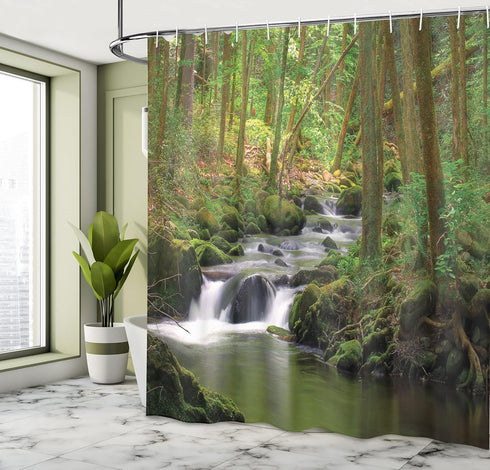 Ambesonne Nature Shower Curtain, Stream Flowing in Forest with Mossy Rocks, 69" W x 75" L, Green Brown