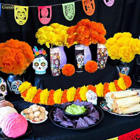 Marigold Flower Heads 50Pcs, Mexican Artificial Flowers for Day of The Dead Diwali Home DIY Garland Craft Decoration