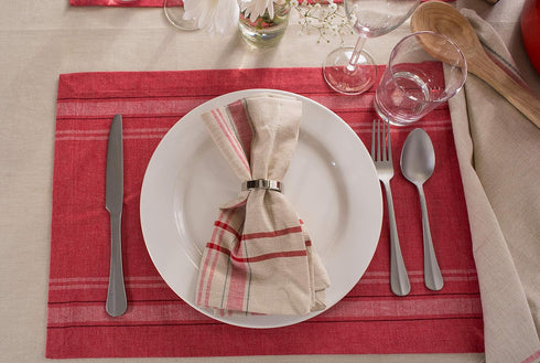 DII French Stripe Tabletop Collection 6 Piece Dining Table Linen Napkin Set, 20x20, Taupe/Red Farmhouse Style