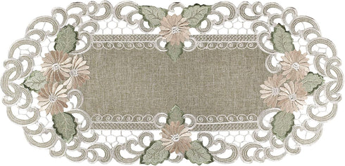 Embroidered Gold Daisy Fleur Latte Table Runner, Dresser Scarf, Coffee Table Doily (12.5Wx26L)