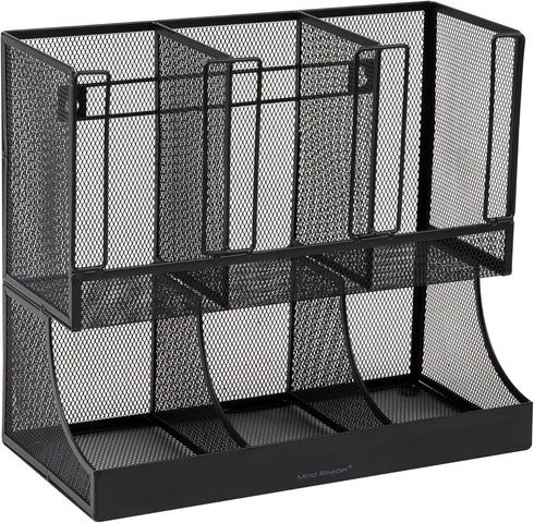 Mind Reader Cup and Condiment Station, Countertop Organizer for Coffee Bar, Metal Mesh, 13"L x 6.45"W x 11.25"H, Black