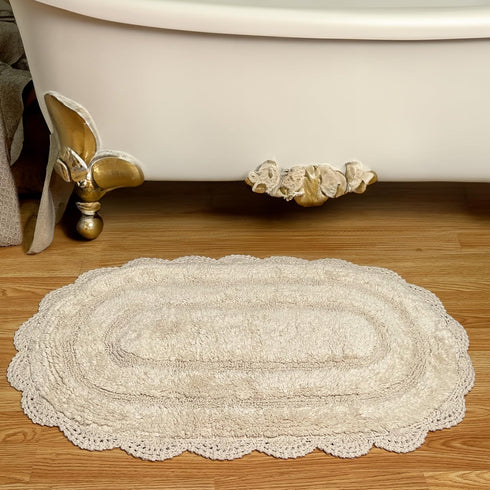 Chardin Home Ivory Crochet Bathrug, 100% Cotton Oval Bathmat with Handcrafted Crochet Border, 21x34 Inch