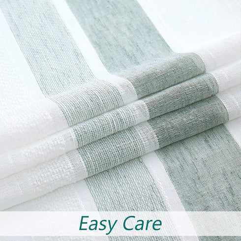 Central Park Sage White Stripe French Door Curtain Panels, 50"x72"x2 Boucle Linen Texture Sheer Drapes with Tieback