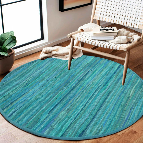 THE BEER VALLEY Hand Woven Area Rug - 4' Round Teal, Farmhouse Green Rugs for Bedroom, Bathroom, Living Room