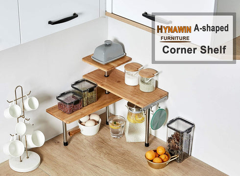 HYNAWIN 3 Tier Corner Shelf, Bamboo & Metal Storage Spice Rack, Adjustable Organizer with Hooks