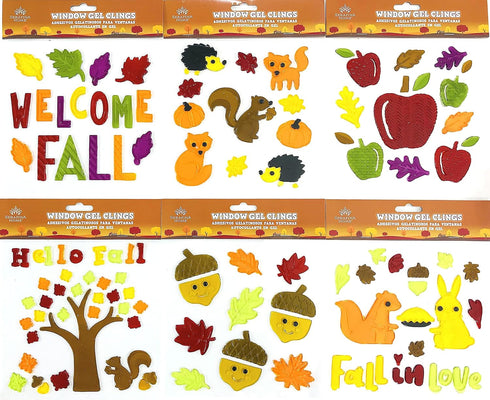 Fall Gel Cling Stickers for Windows and Mirrors, 6 Sheets of Reusable Seasonal Designs