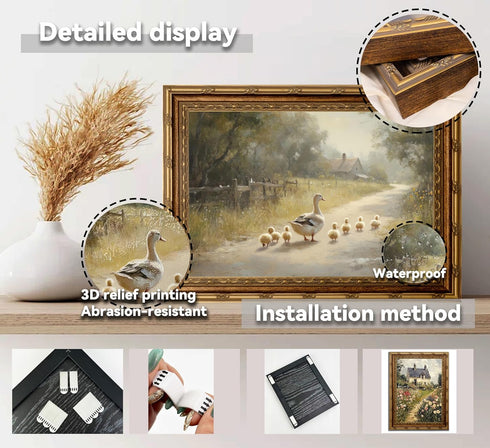xikafou 3D Countryside Textured Canvas Wall Art Vintage Carved Gold Frame Duck With Ducklings Farmhouse Vintage Relief